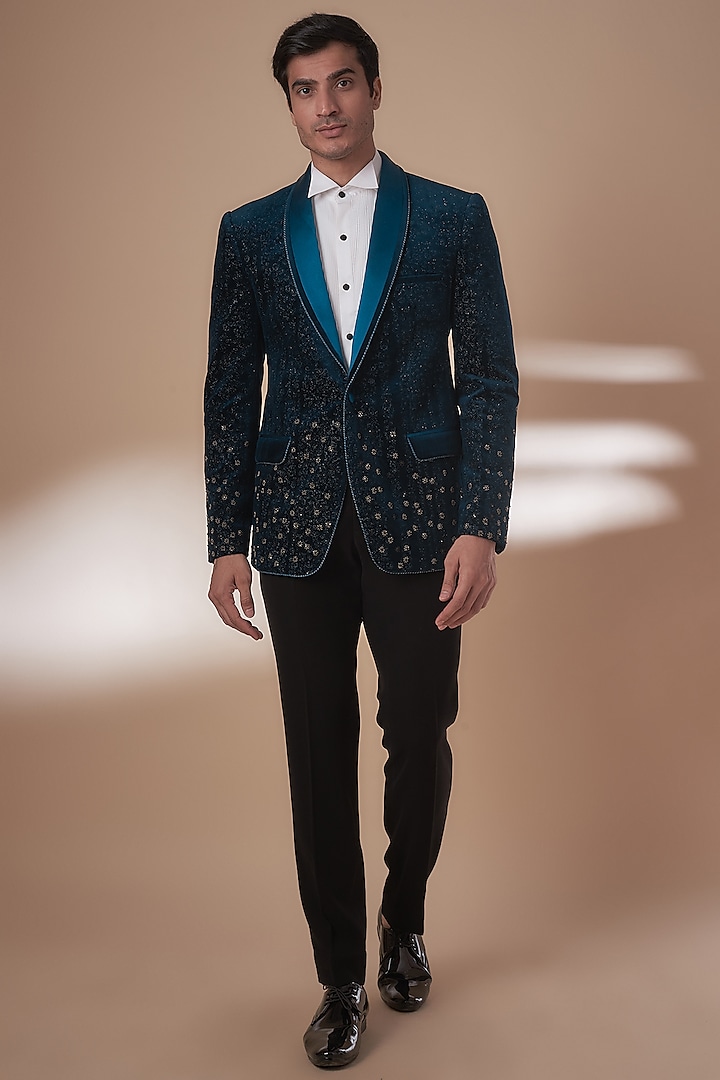 Galaxy Blue Wool Embroidered Tuxedo Set by Rohit Gandhi & Rahul Khanna Men at Pernia's Pop Up Shop