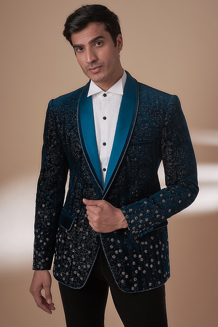 Galaxy Blue Wool Embroidered Tuxedo Set by Rohit Gandhi & Rahul Khanna Men at Pernia's Pop Up Shop