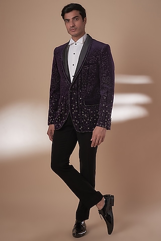 Wine Wool Embroidered Tuxedo Set by Rohit Gandhi & Rahul Khanna Men
