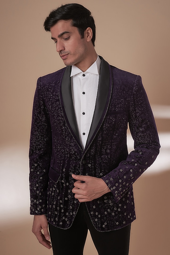 Wine Wool Embroidered Tuxedo Set by Rohit Gandhi & Rahul Khanna Men at Pernia's Pop Up Shop