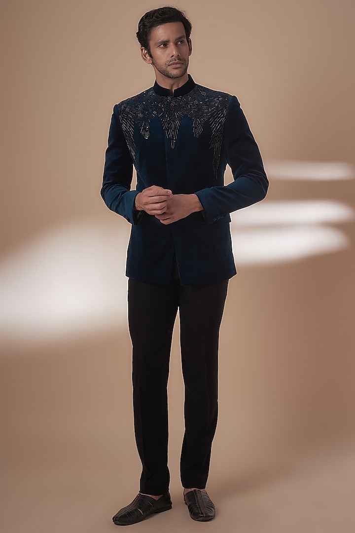 Blue Velvet Embroidered Bandhgala Set by Rohit Gandhi & Rahul Khanna Men