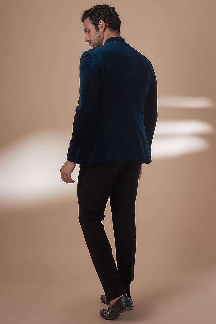 Blue Velvet Embroidered Groom Bandhgala Set by Rohit Gandhi & Rahul Khanna Men at Pernia's Pop Up Shop