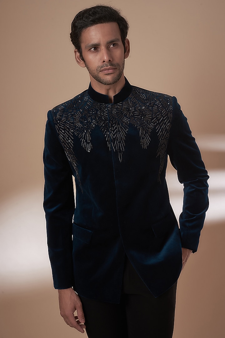 Blue Velvet Embroidered Groom Bandhgala Set by Rohit Gandhi & Rahul Khanna Men at Pernia's Pop Up Shop