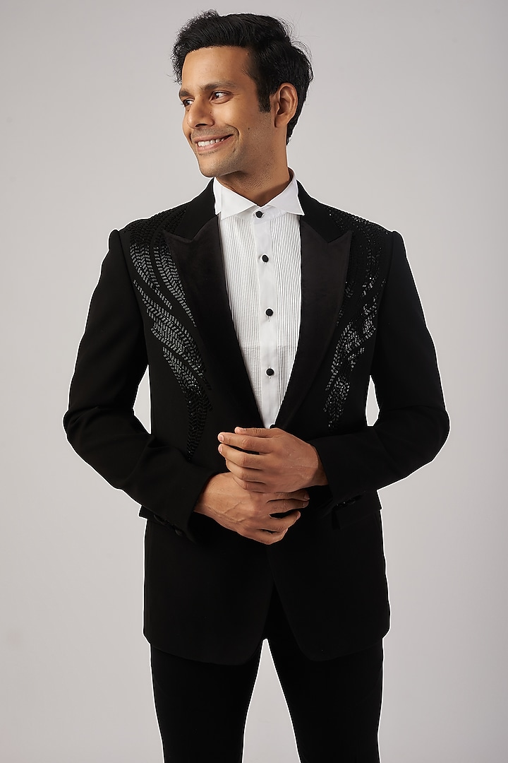 Black Crepe Metallic Sequins Embroidered Tuxedo Jacket Set by Rohit Gandhi & Rahul Khanna Men at Pernia's Pop Up Shop