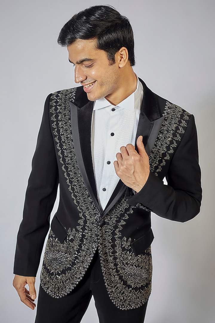 Black Crepe Embroidered Tuxedo Set by Rohit Gandhi & Rahul Khanna Men at Pernia's Pop Up Shop