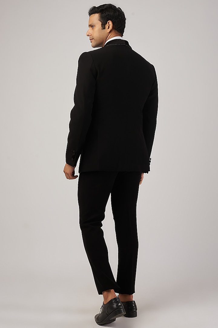 Black Crepe Metallic Sequins Embroidered Tuxedo Jacket Set by Rohit Gandhi & Rahul Khanna Men at Pernia's Pop Up Shop