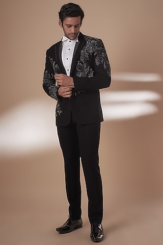 Black Crepe Embroidered Tuxedo Set by Rohit Gandhi & Rahul Khanna Men