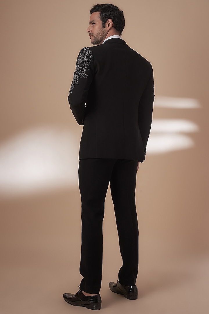 Black Crepe Embroidered Tuxedo Set by Rohit Gandhi & Rahul Khanna Men at Pernia's Pop Up Shop