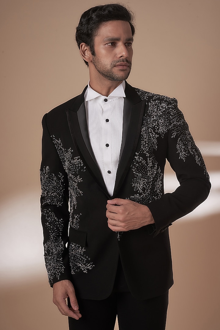 Black Crepe Embroidered Tuxedo Set by Rohit Gandhi & Rahul Khanna Men at Pernia's Pop Up Shop