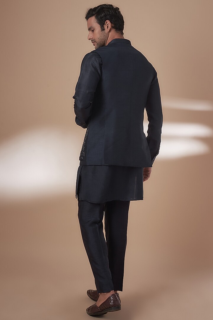 Navy Viscose Dupion Embellished Bundi Jacket Set by Rohit Gandhi & Rahul Khanna Men at Pernia's Pop Up Shop