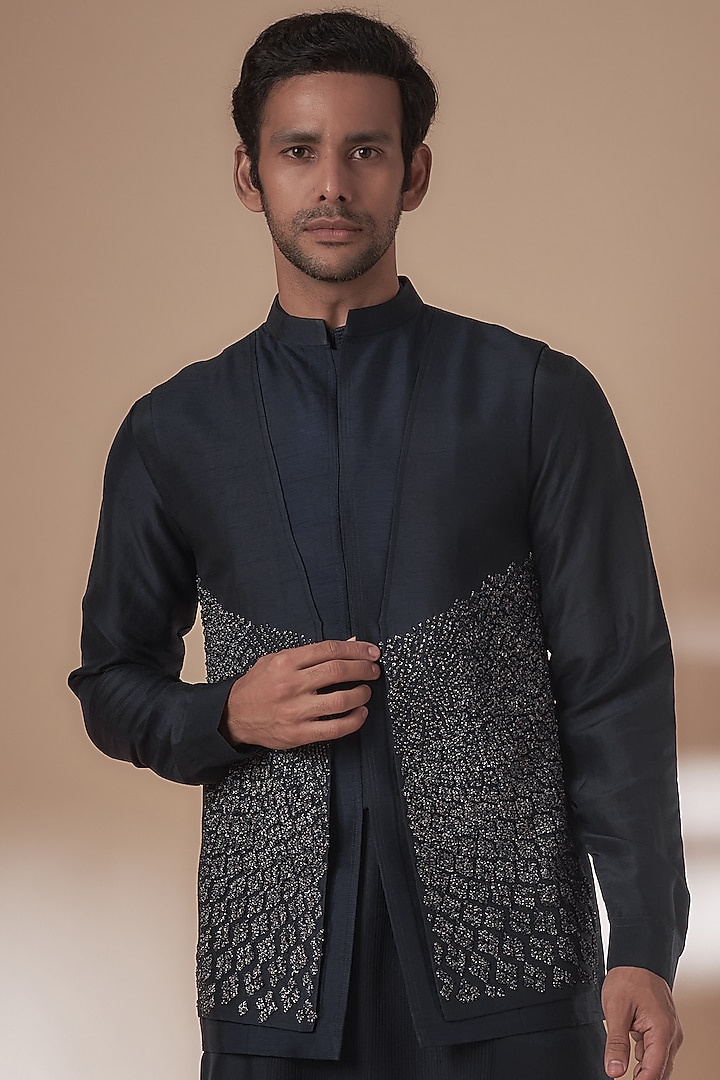 Navy Viscose Dupion Embellished Bundi Jacket Set by Rohit Gandhi & Rahul Khanna Men at Pernia's Pop Up Shop