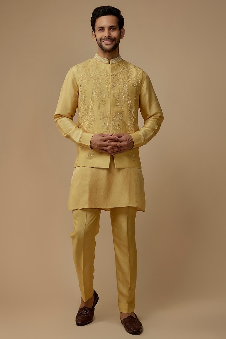 Yellow Cotton Hand Embroidered Nehru Jacket Set by Rohit Gandhi & Rahul Khanna Men
