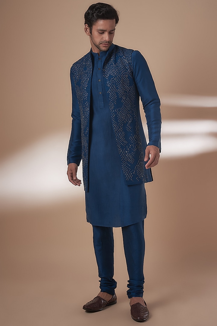 Galaxy Blue Silk Embroidered Indowestern Set by Rohit Gandhi & Rahul Khanna Men