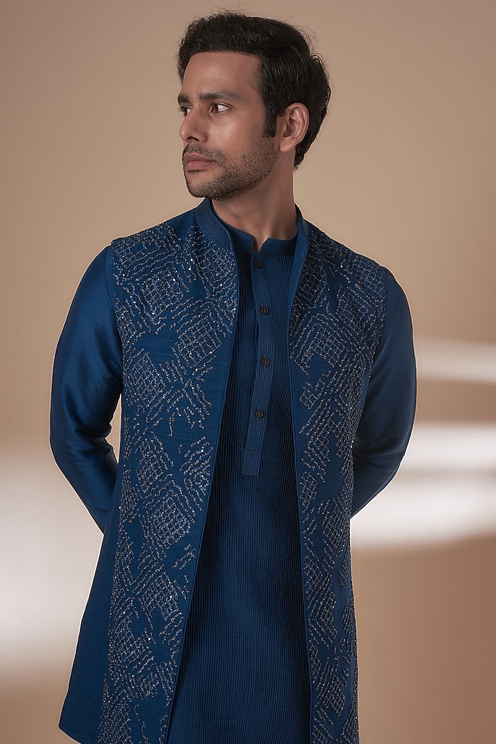 Galaxy Blue Silk Embroidered Wedding Indowestern Set by Rohit Gandhi & Rahul Khanna Men at Pernia's Pop Up Shop