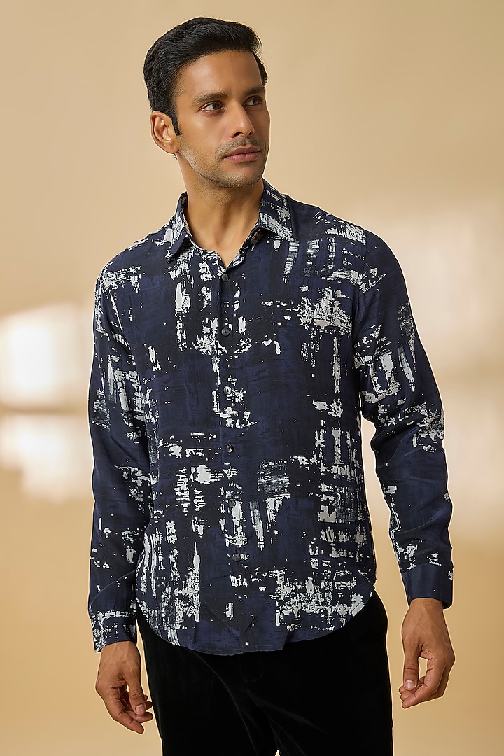 Midnight Navy Blue Silk Wedding Shirt by Rohit Gandhi & Rahul Khanna Men at Pernia's Pop Up Shop