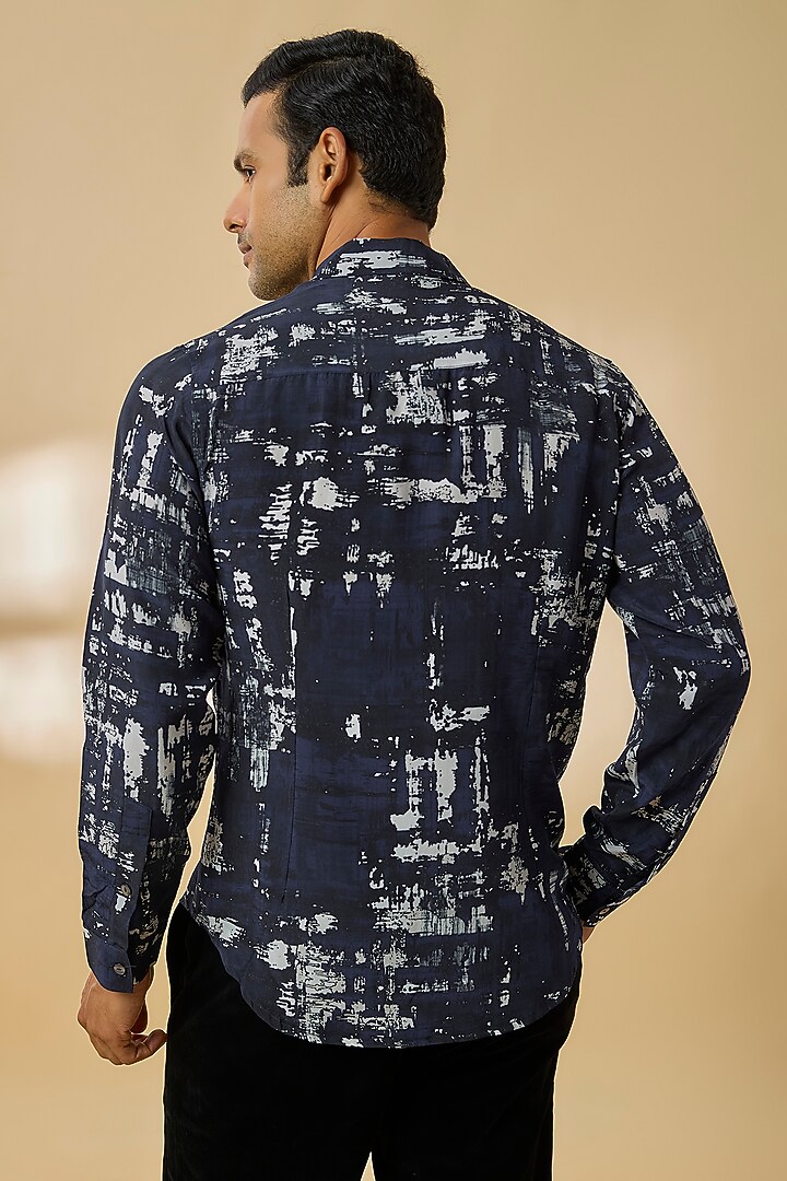 Midnight Navy Blue Silk Wedding Shirt by Rohit Gandhi & Rahul Khanna Men at Pernia's Pop Up Shop