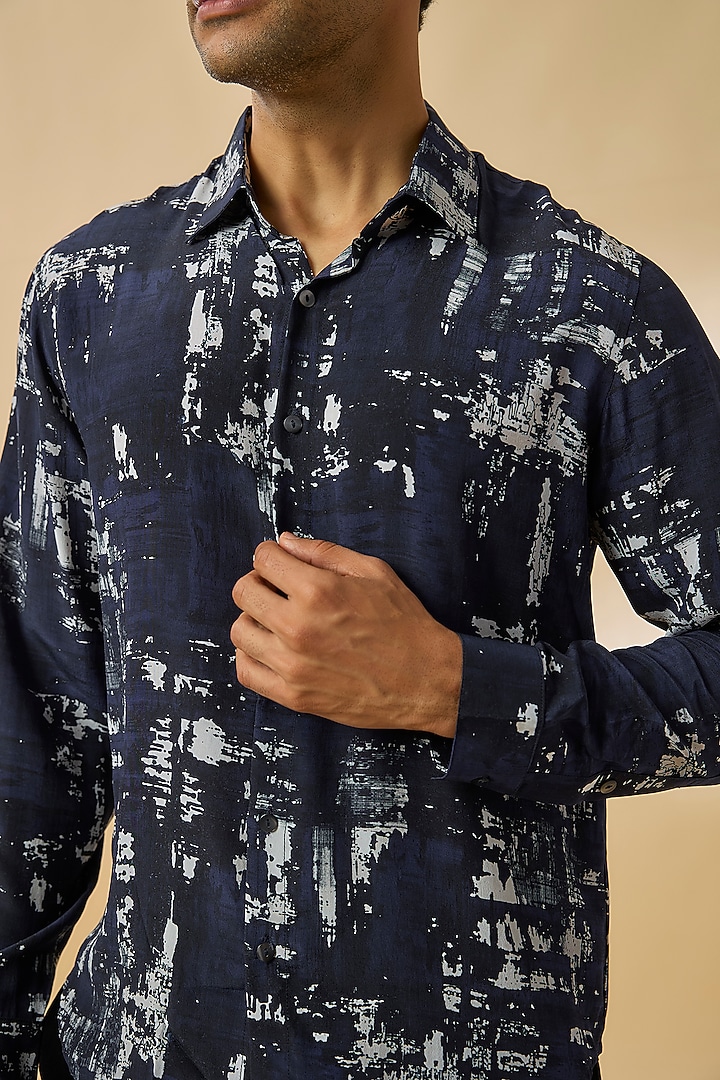 Midnight Navy Blue Silk Wedding Shirt by Rohit Gandhi & Rahul Khanna Men at Pernia's Pop Up Shop