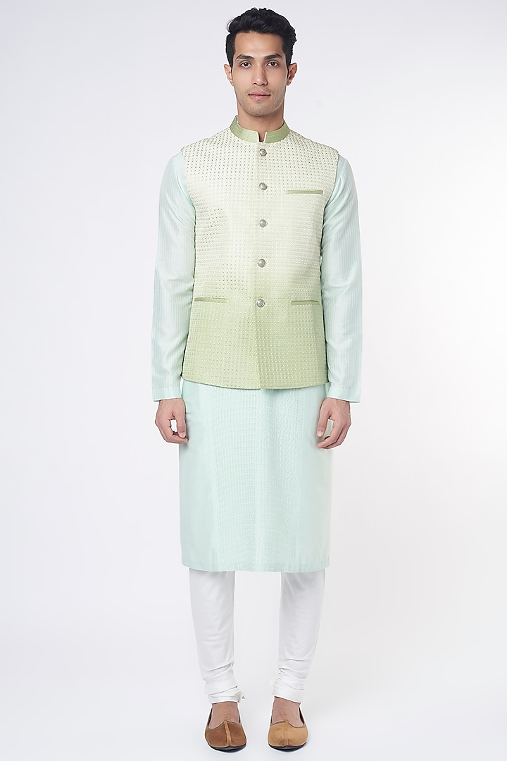 Mint Green Silk Bundi Jacket by Rohit Gandhi & Rahul Khanna Men