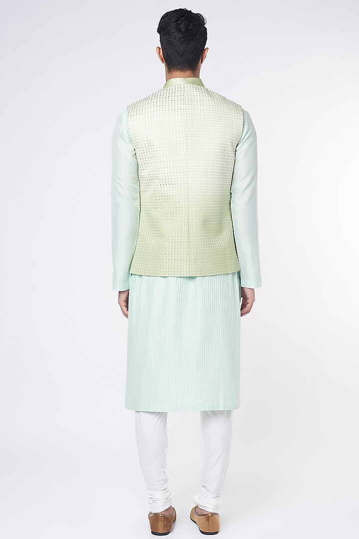 Mint Green Silk Bundi Jacket by Rohit Gandhi & Rahul Khanna Men at Pernia's Pop Up Shop