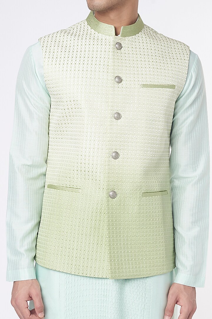 Mint Green Silk Bundi Jacket by Rohit Gandhi & Rahul Khanna Men at Pernia's Pop Up Shop