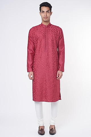 French Rose Embroidered Kurta Set by Rohit Gandhi & Rahul Khanna Men