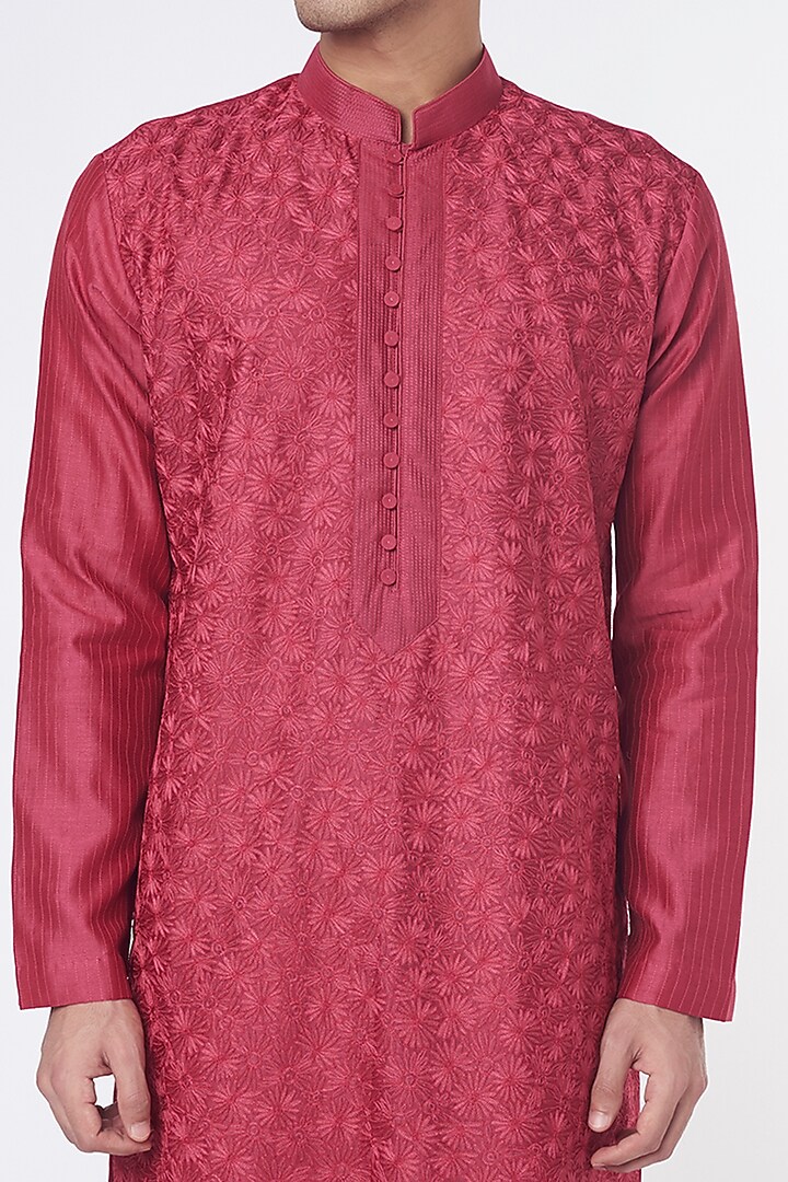 French Rose Embroidered Kurta Set by Rohit Gandhi & Rahul Khanna Men at Pernia's Pop Up Shop
