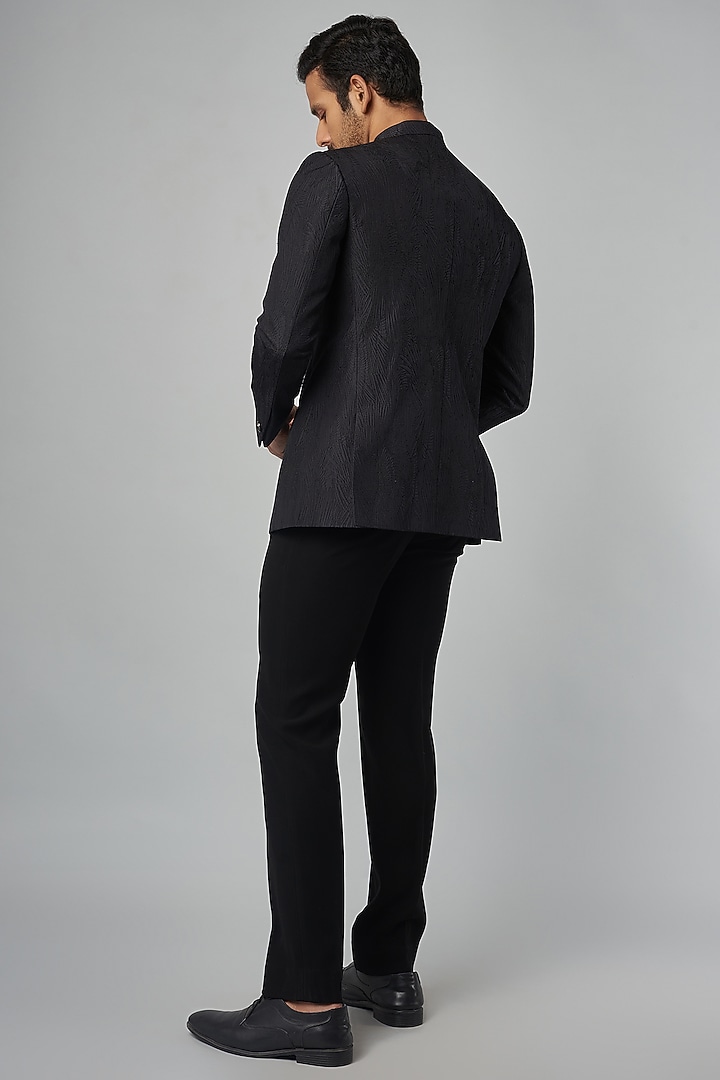 Black Linen Embroidered Wedding Bandhgala Jacket by Rohit Gandhi & Rahul Khanna Men at Pernia's Pop Up Shop