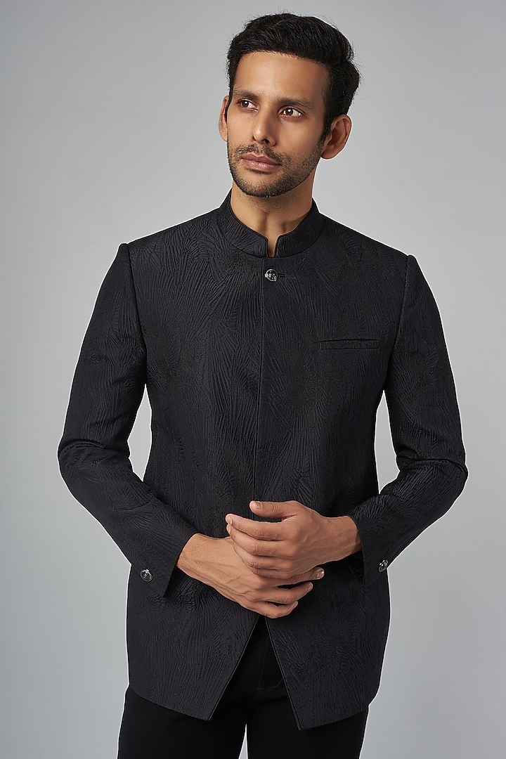 Black Linen Embroidered Wedding Bandhgala Jacket by Rohit Gandhi & Rahul Khanna Men at Pernia's Pop Up Shop
