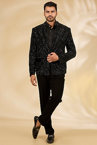 Black Silk Velvet Embellished Jacket Set by Rohit Gandhi & Rahul Khanna Men