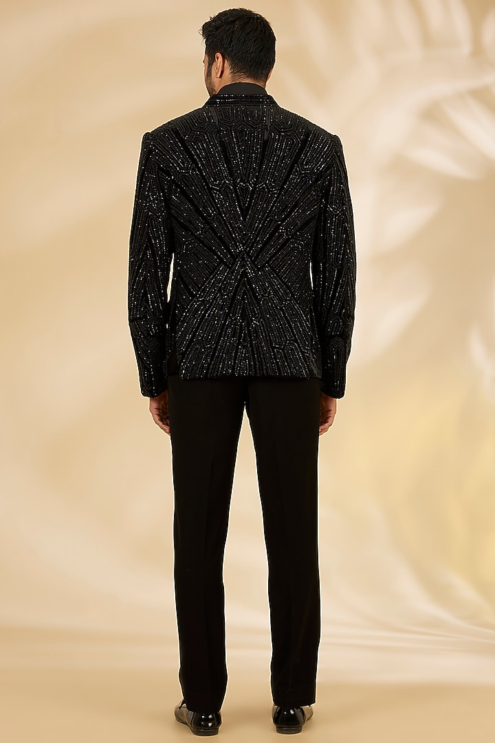 Black Silk Velvet Embellished Jacket Set by Rohit Gandhi & Rahul Khanna Men at Pernia's Pop Up Shop