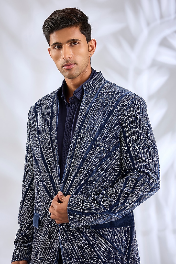 Pacific Blue Velvet Tuxedo Set by Rohit Gandhi & Rahul Khanna Men at Pernia's Pop Up Shop