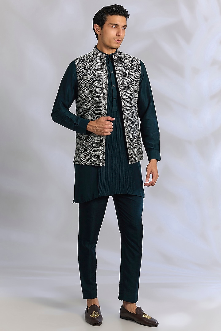 Navy Raw Silk Bundi Jacket Set by Rohit Gandhi & Rahul Khanna Men at Pernia's Pop Up Shop
