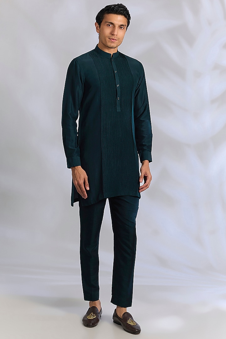 Navy Raw Silk Bundi Jacket Set by Rohit Gandhi & Rahul Khanna Men at Pernia's Pop Up Shop