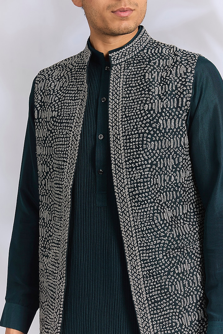 Navy Raw Silk Bundi Jacket Set by Rohit Gandhi & Rahul Khanna Men at Pernia's Pop Up Shop