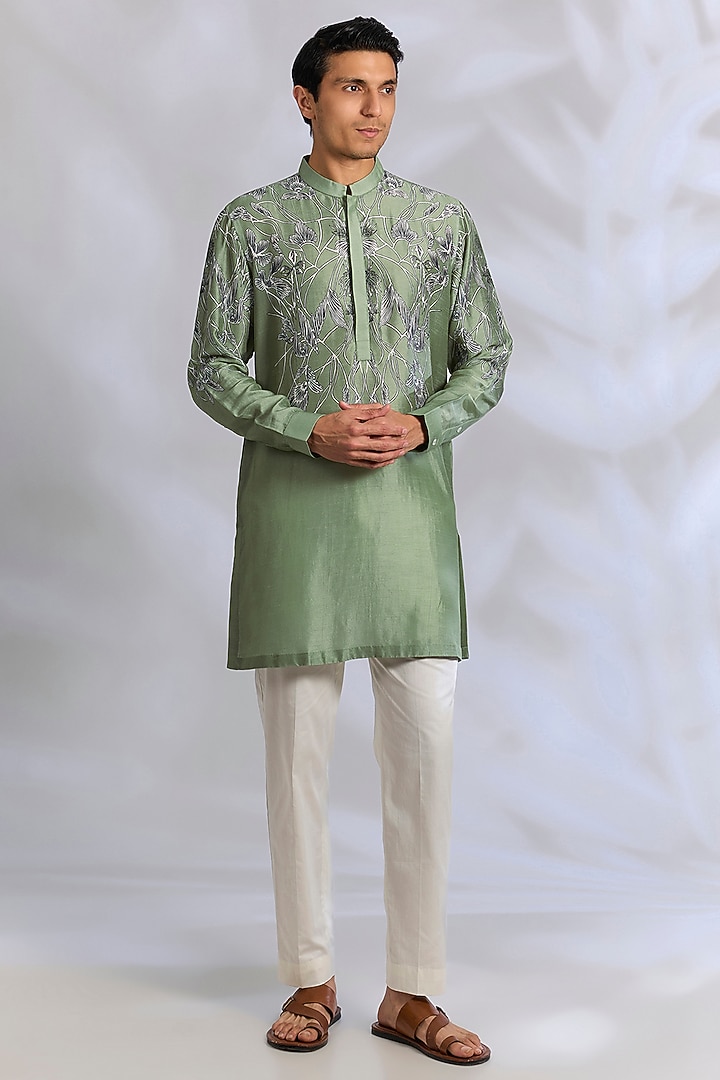 Fern Green Gusseted Cotton Kurta by Rohit Gandhi & Rahul Khanna Men at Pernia's Pop Up Shop