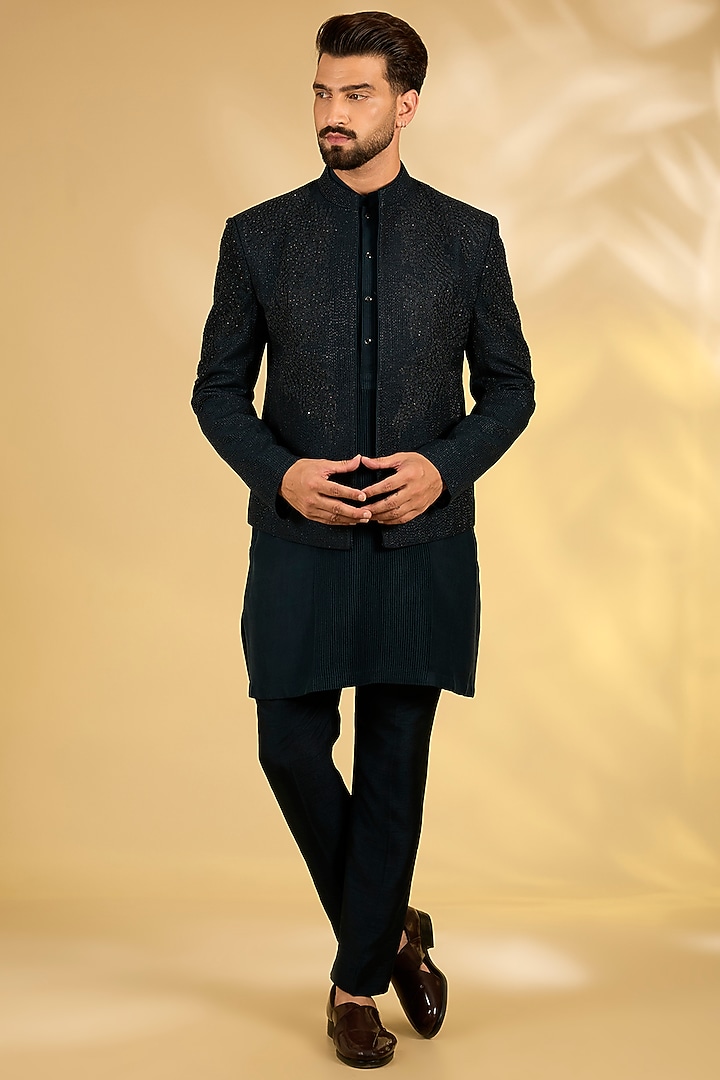 French Navy Dupion Silk Groom Bandhgala Set by Rohit Gandhi & Rahul Khanna Men at Pernia's Pop Up Shop