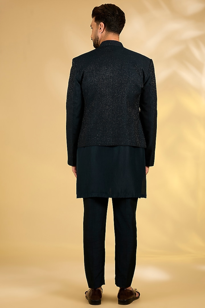 French Navy Dupion Silk Groom Bandhgala Set by Rohit Gandhi & Rahul Khanna Men at Pernia's Pop Up Shop