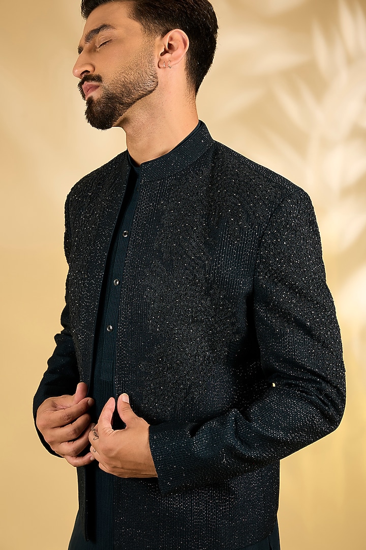 French Navy Dupion Silk Groom Bandhgala Set by Rohit Gandhi & Rahul Khanna Men at Pernia's Pop Up Shop
