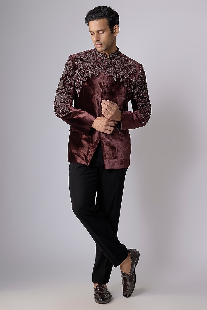 Berry Maroon Velvet Groom Bandhgala Set by Rohit Gandhi & Rahul Khanna Men at Pernia's Pop Up Shop