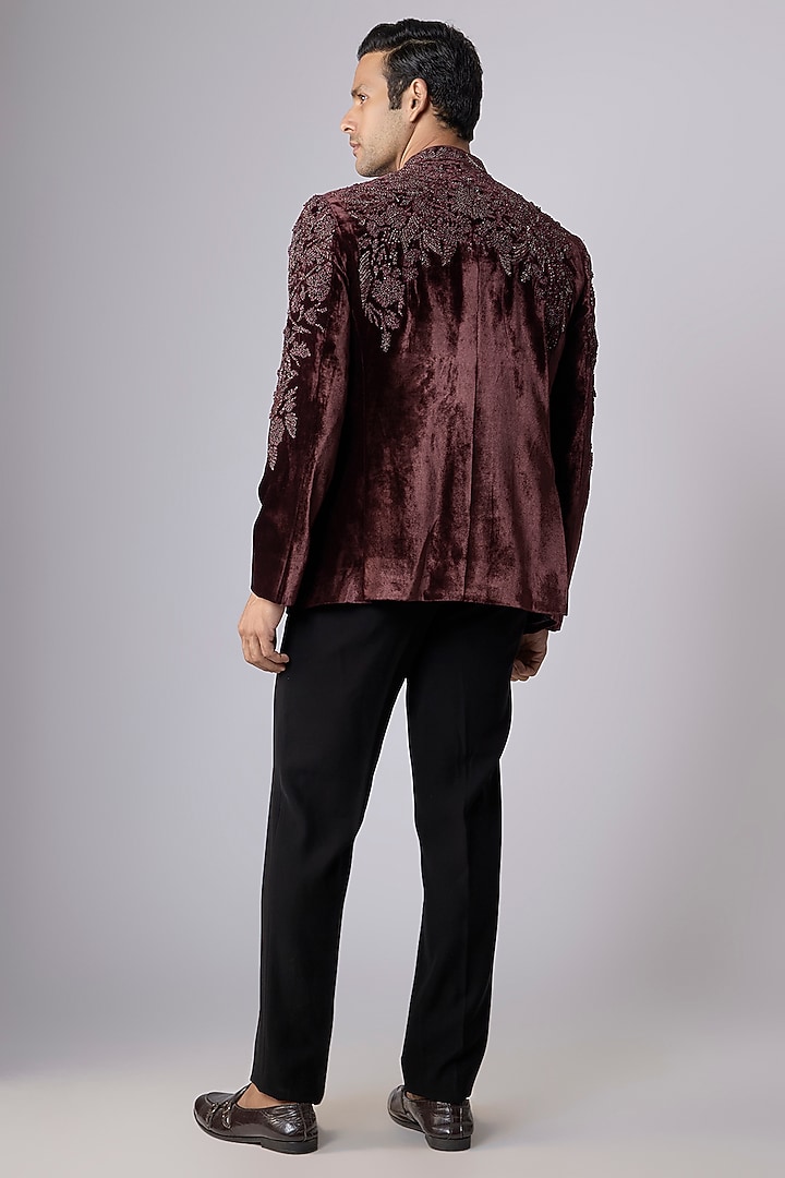 Berry Maroon Velvet Groom Bandhgala Set by Rohit Gandhi & Rahul Khanna Men at Pernia's Pop Up Shop
