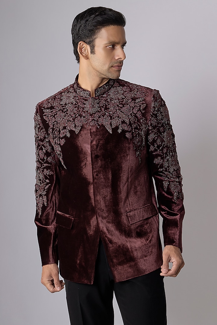 Berry Maroon Velvet Groom Bandhgala Set by Rohit Gandhi & Rahul Khanna Men at Pernia's Pop Up Shop