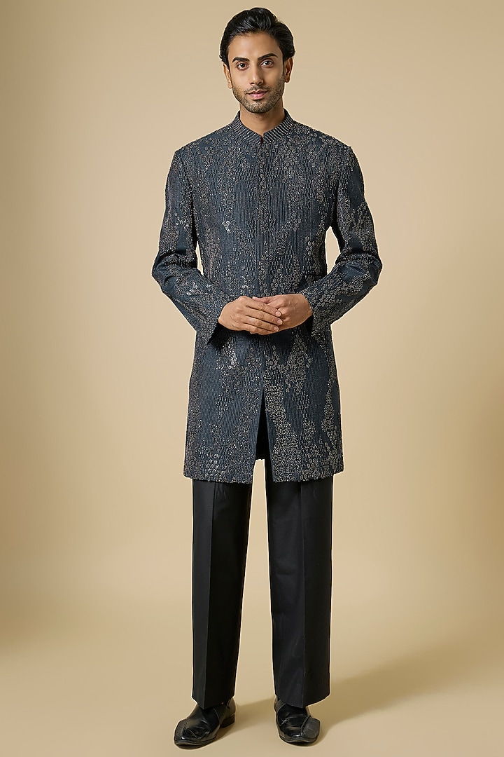 Navy Viscose Dupion Groom Sherwani by Rohit Gandhi & Rahul Khanna Men at Pernia's Pop Up Shop