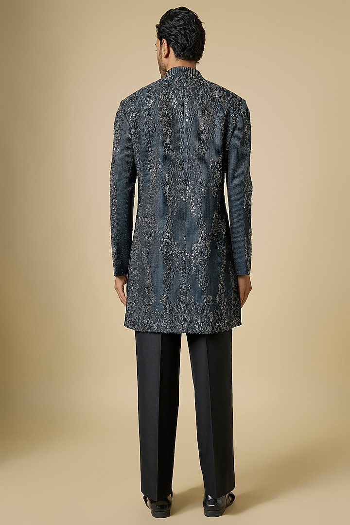 Navy Viscose Dupion Groom Sherwani by Rohit Gandhi & Rahul Khanna Men at Pernia's Pop Up Shop