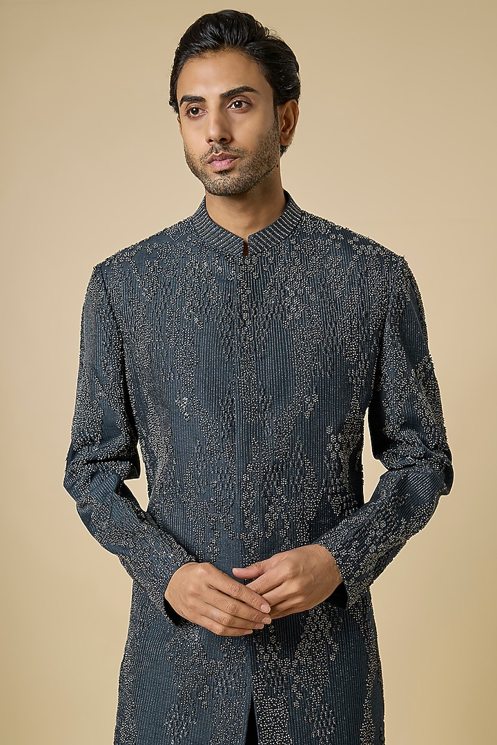 Navy Viscose Dupion Groom Sherwani by Rohit Gandhi & Rahul Khanna Men at Pernia's Pop Up Shop