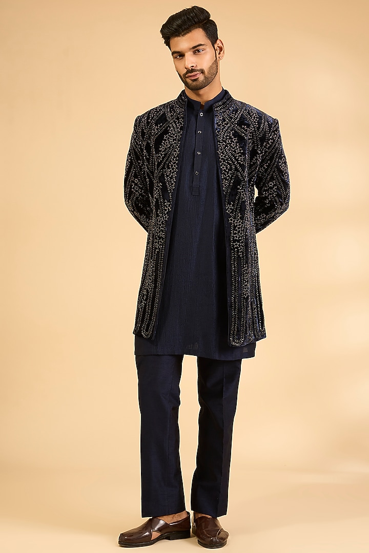Navy Viscose Dupion Groom Indowestern Set by Rohit Gandhi & Rahul Khanna Men at Pernia's Pop Up Shop