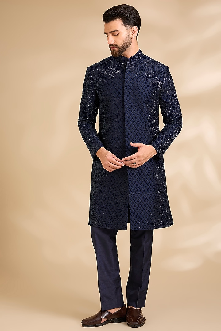 Navy Silk Groom Sherwani Set by Rohit Gandhi & Rahul Khanna Men at Pernia's Pop Up Shop