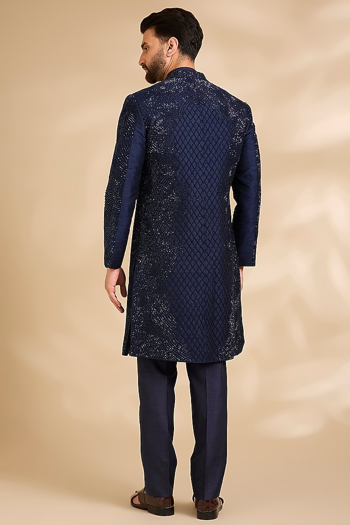 Navy Silk Groom Sherwani Set by Rohit Gandhi & Rahul Khanna Men at Pernia's Pop Up Shop