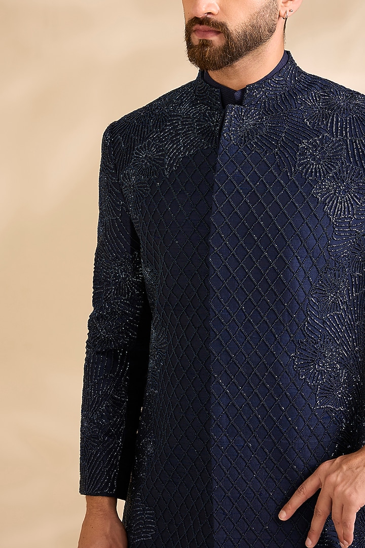 Navy Silk Groom Sherwani Set by Rohit Gandhi & Rahul Khanna Men at Pernia's Pop Up Shop