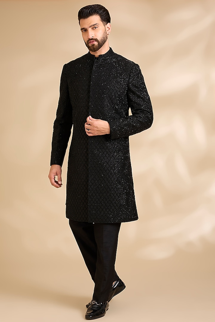 Black Silk Groom Sherwani Set by Rohit Gandhi & Rahul Khanna Men at Pernia's Pop Up Shop