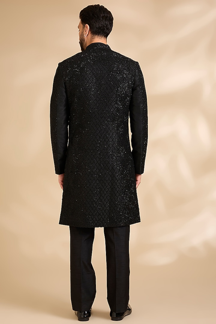 Black Silk Groom Sherwani Set by Rohit Gandhi & Rahul Khanna Men at Pernia's Pop Up Shop